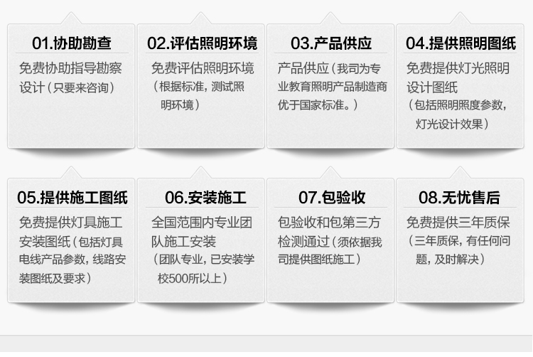 我司提供一站式教育照明解決方案：1、免費(fèi)協(xié)助指導(dǎo)勘察設(shè)計(jì)（只要來咨詢）2、免費(fèi)評(píng)估照明環(huán)境（根據(jù)標(biāo)準(zhǔn)，測(cè)試照明環(huán)境）3、產(chǎn)品供應(yīng)（我司為專業(yè)教育照明產(chǎn)品制造商，優(yōu)于國(guó)家標(biāo)準(zhǔn)。）4、免費(fèi)提供燈光照明設(shè)計(jì)圖紙（包括照明照度參數(shù)，燈光設(shè)計(jì)效果）5、免費(fèi)提供燈具施工安裝圖紙（包括燈具/電線產(chǎn)品參數(shù)，線路安裝圖紙及要求）6、全國(guó)范圍內(nèi)專業(yè)團(tuán)隊(duì)施工安裝（團(tuán)隊(duì)專業(yè)，已安裝學(xué)校500所以上）7、包驗(yàn)收和包第三方檢測(cè)通過（須依據(jù)我司提供圖紙施工）8、免費(fèi)提供三年質(zhì)保（三年質(zhì)保，有任何問題，及時(shí)解決）